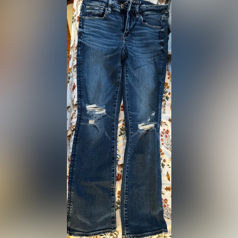 American Eagle Outfitters Mid Rise Dark Blue Distressed Straight Leg Jeans